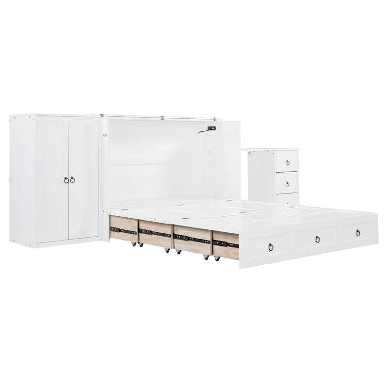 Lit escamotable Queen Size blanc avec port USB, grand tiroir et bureau combinés pour chambre à coucher