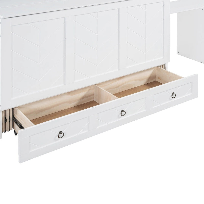 Lit escamotable Queen Size blanc avec port USB, grand tiroir et bureau combinés pour chambre à coucher