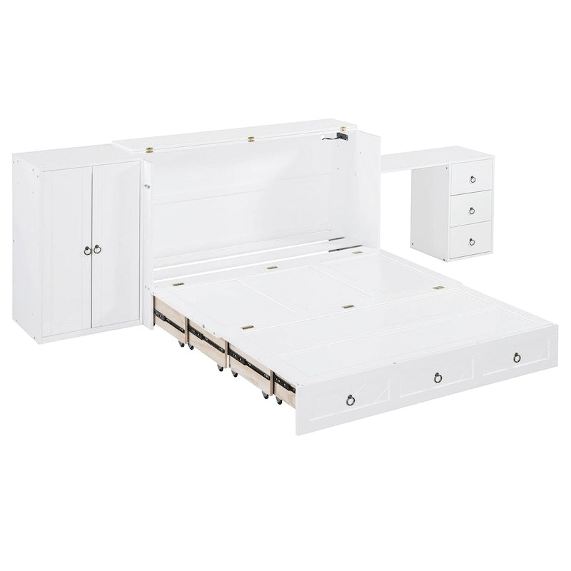 Lit escamotable Queen Size blanc avec port USB, grand tiroir et bureau combinés pour chambre à coucher