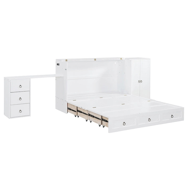 Lit escamotable Queen Size blanc avec port USB, grand tiroir et bureau combinés pour chambre à coucher