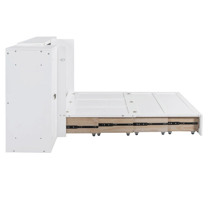 Lit escamotable Queen Size blanc avec port USB, grand tiroir et bureau combinés pour chambre à coucher