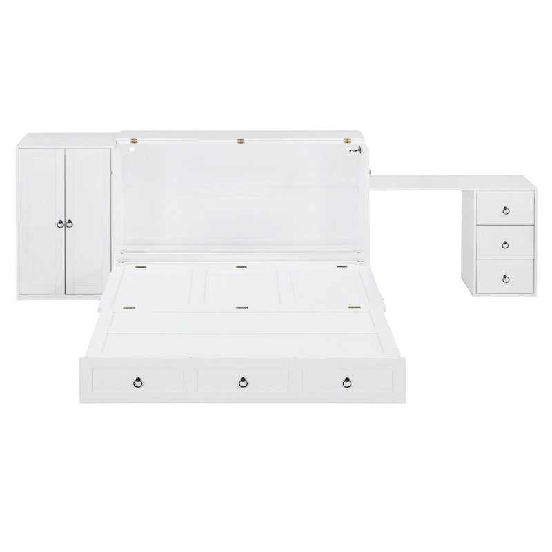 Lit escamotable Queen Size blanc avec port USB, grand tiroir et bureau combinés pour chambre à coucher