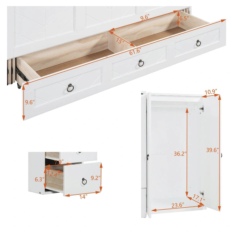 Lit escamotable Queen Size blanc avec port USB, grand tiroir et bureau combinés pour chambre à coucher