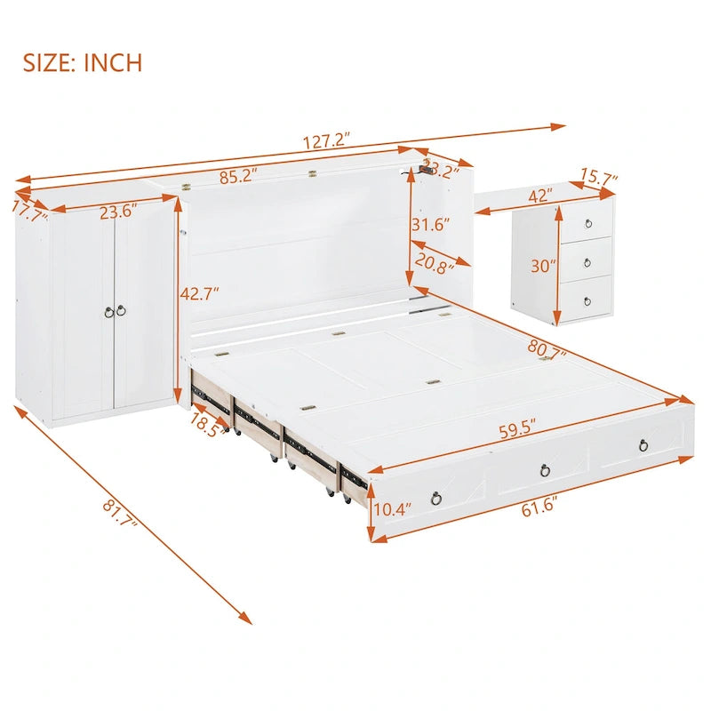 Lit escamotable Queen Size blanc avec port USB, grand tiroir et bureau combinés pour chambre à coucher