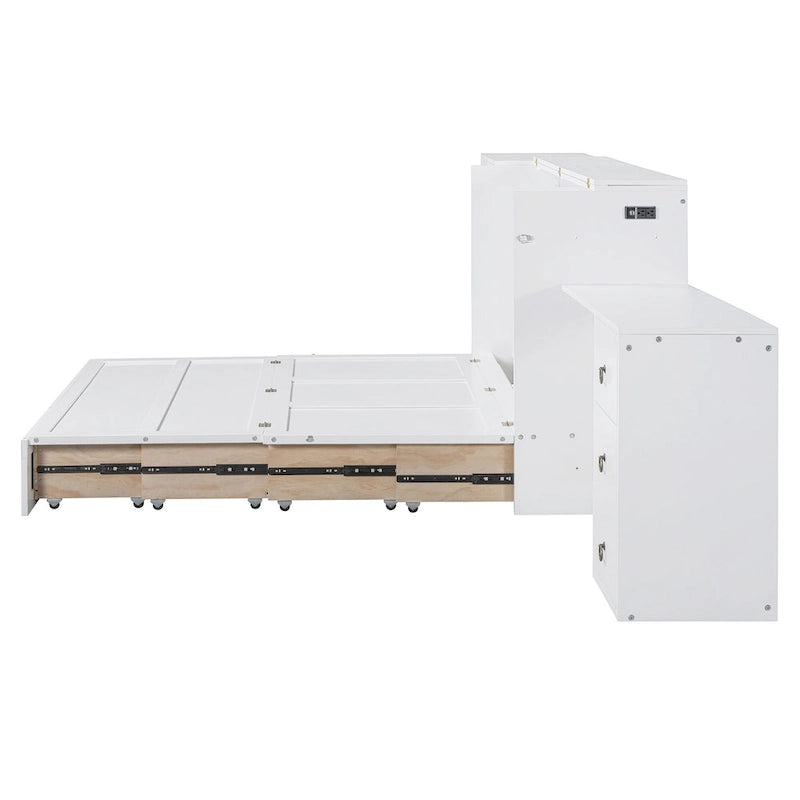 Lit escamotable Queen Size blanc avec port USB, grand tiroir et bureau combinés pour chambre à coucher