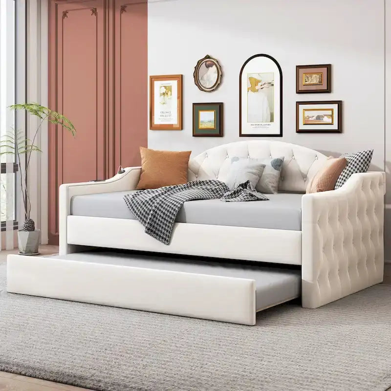 Lit de repos capitonné en velours beige de taille double avec lit gigogne et ports de charge USB-C