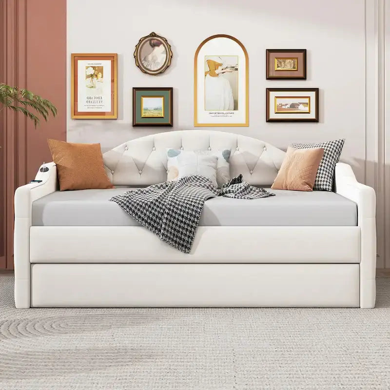 Lit de repos capitonné en velours beige de taille double avec lit gigogne et ports de charge USB-C