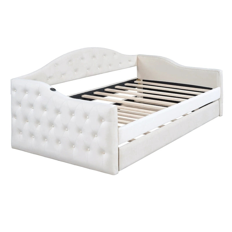 Lit de repos capitonné en velours beige de taille double avec lit gigogne et ports de charge USB-C