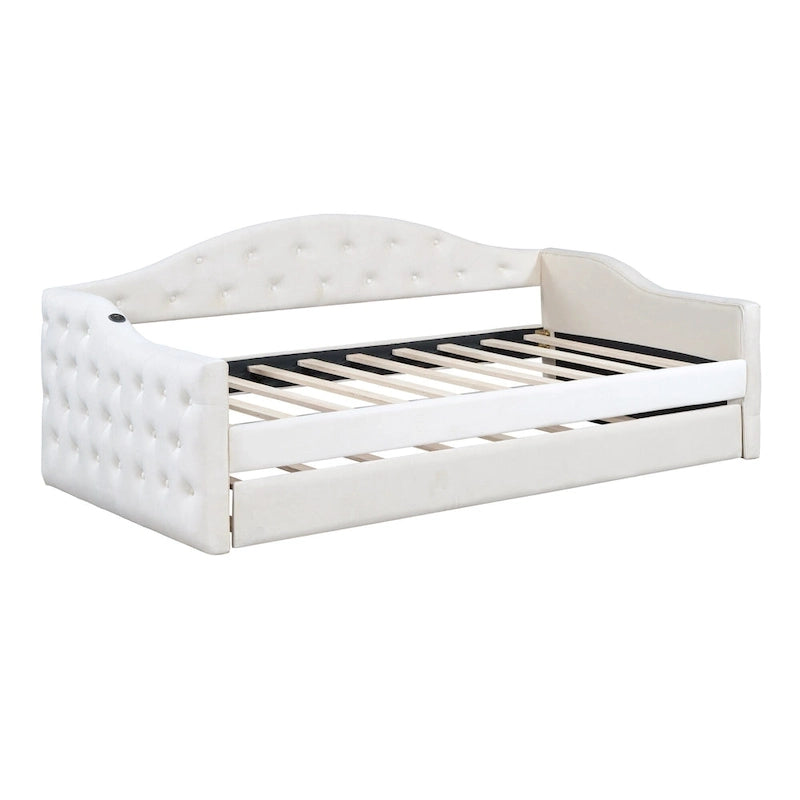 Lit de repos capitonné en velours beige de taille double avec lit gigogne et ports de charge USB-C