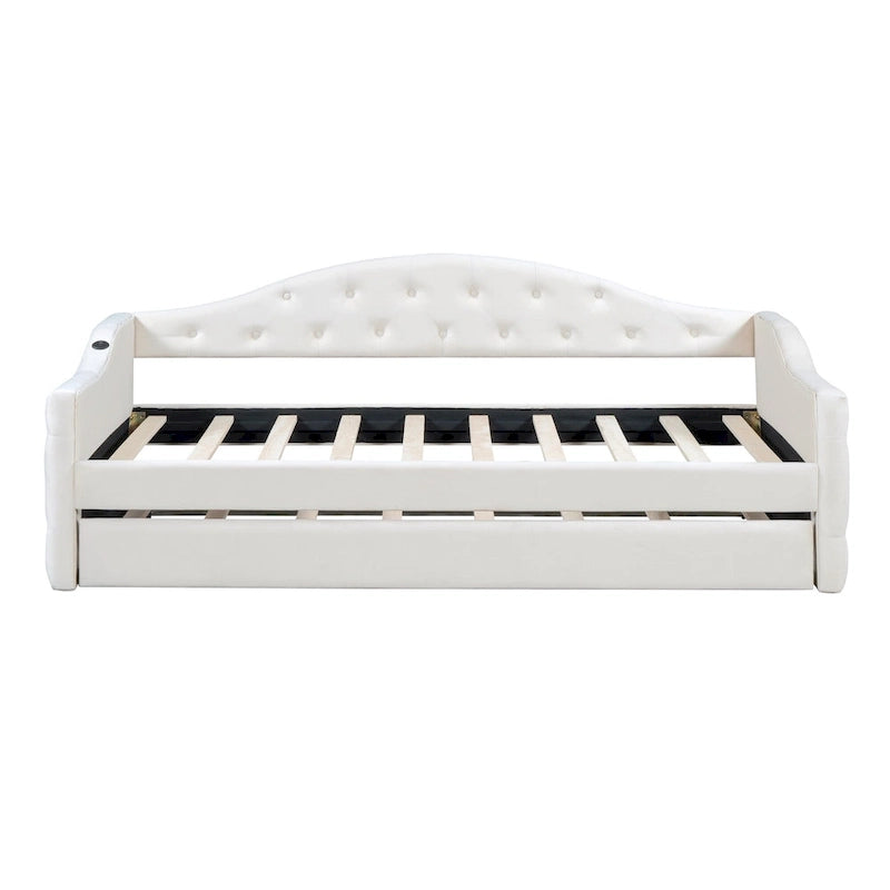 Lit de repos capitonné en velours beige de taille double avec lit gigogne et ports de charge USB-C