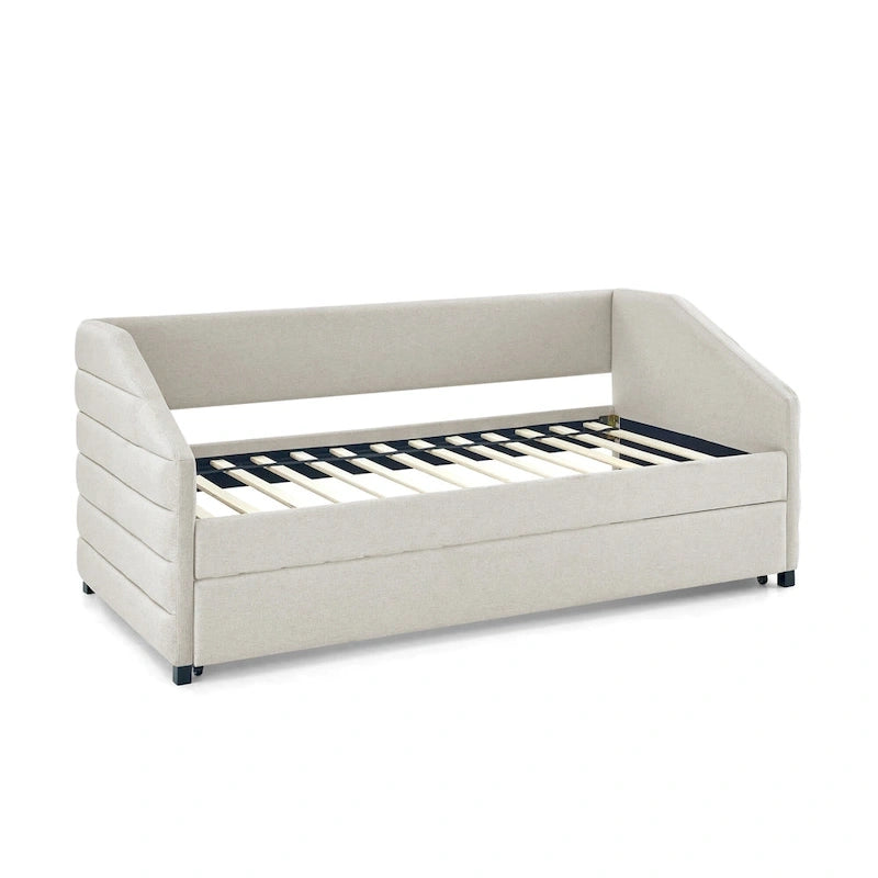 Canapé de jour capitonné double en lin beige avec lit gigogne