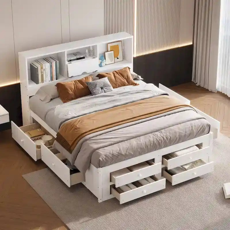 Lit moderne blanc de taille King en bois avec tête de lit de rangement et 8 tiroirs
