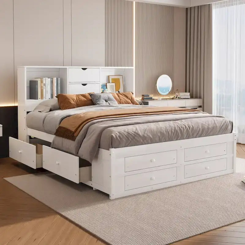 Lit moderne blanc de taille King en bois avec tête de lit de rangement et 8 tiroirs