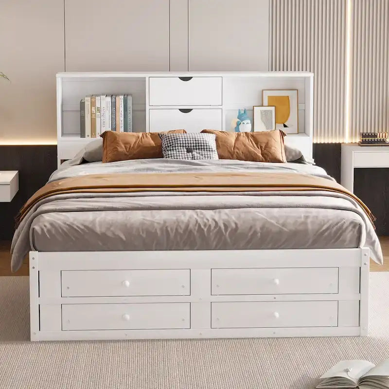 Lit moderne blanc de taille King en bois avec tête de lit de rangement et 8 tiroirs