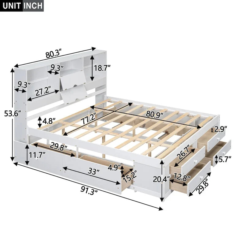 Lit moderne blanc de taille King en bois avec tête de lit de rangement et 8 tiroirs