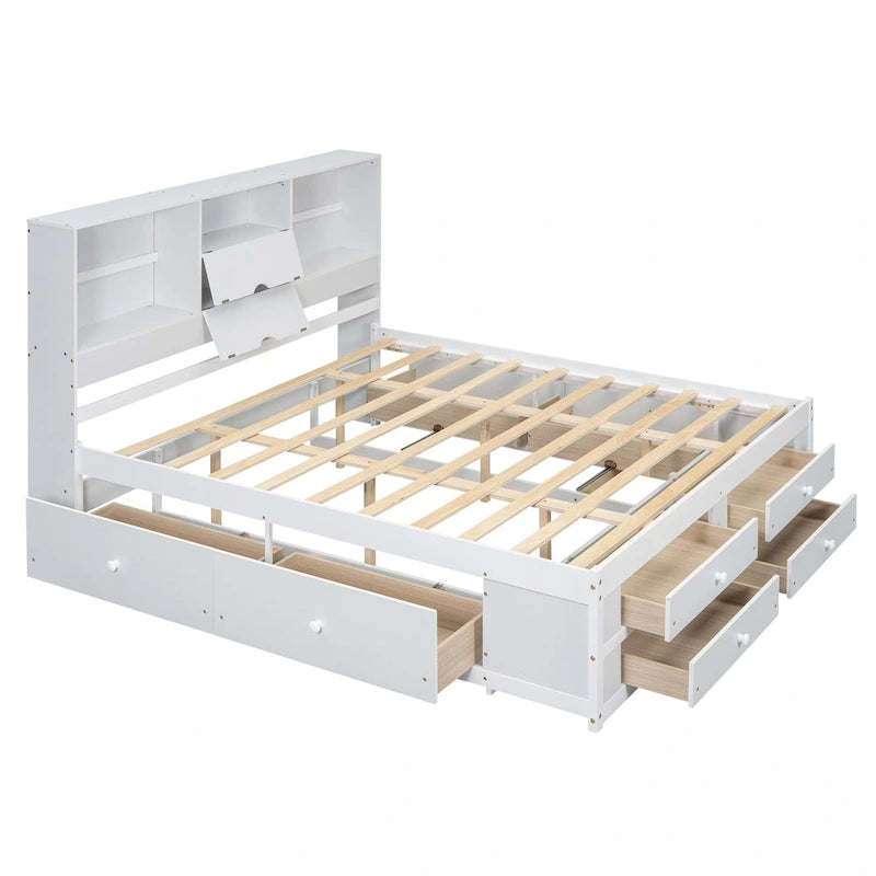 Lit moderne blanc de taille King en bois avec tête de lit de rangement et 8 tiroirs