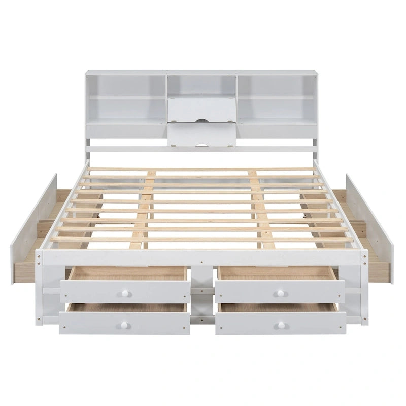 Lit moderne blanc de taille King en bois avec tête de lit de rangement et 8 tiroirs