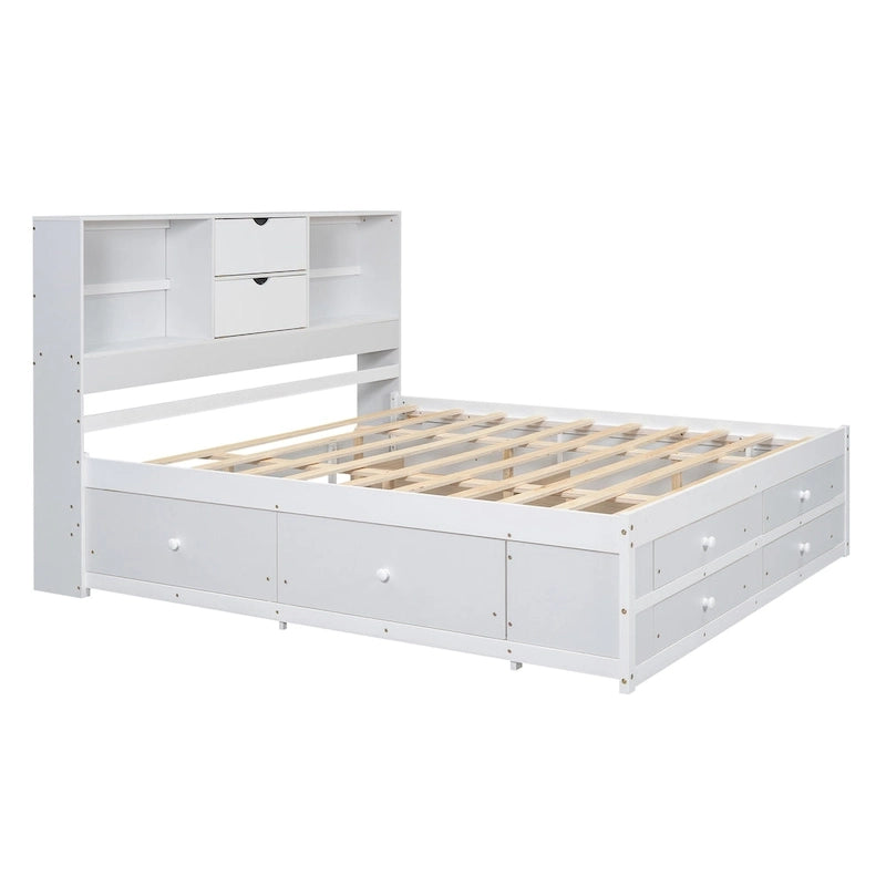 Lit moderne blanc de taille King en bois avec tête de lit de rangement et 8 tiroirs