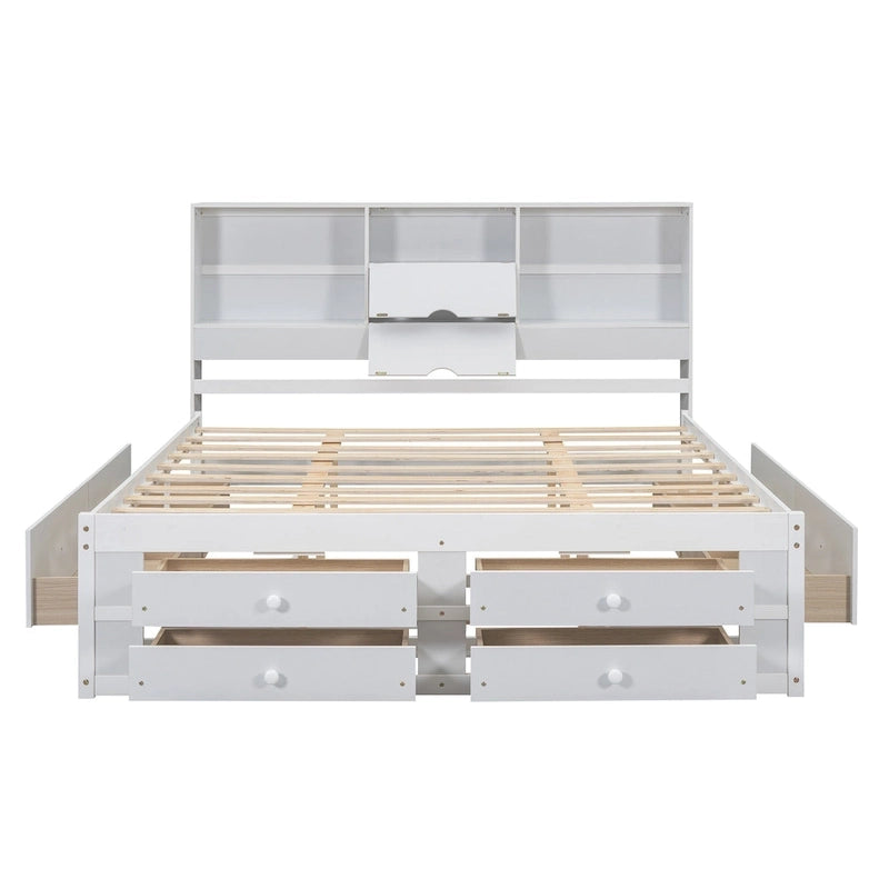 Lit moderne blanc de taille King en bois avec tête de lit de rangement et 8 tiroirs