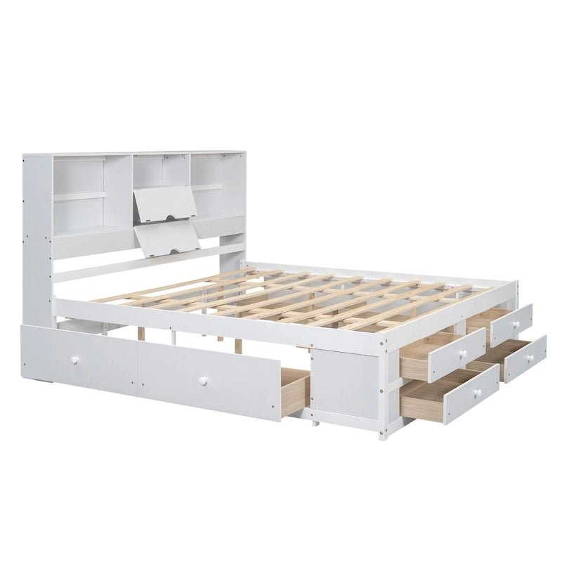 Lit moderne blanc de taille King en bois avec tête de lit de rangement et 8 tiroirs