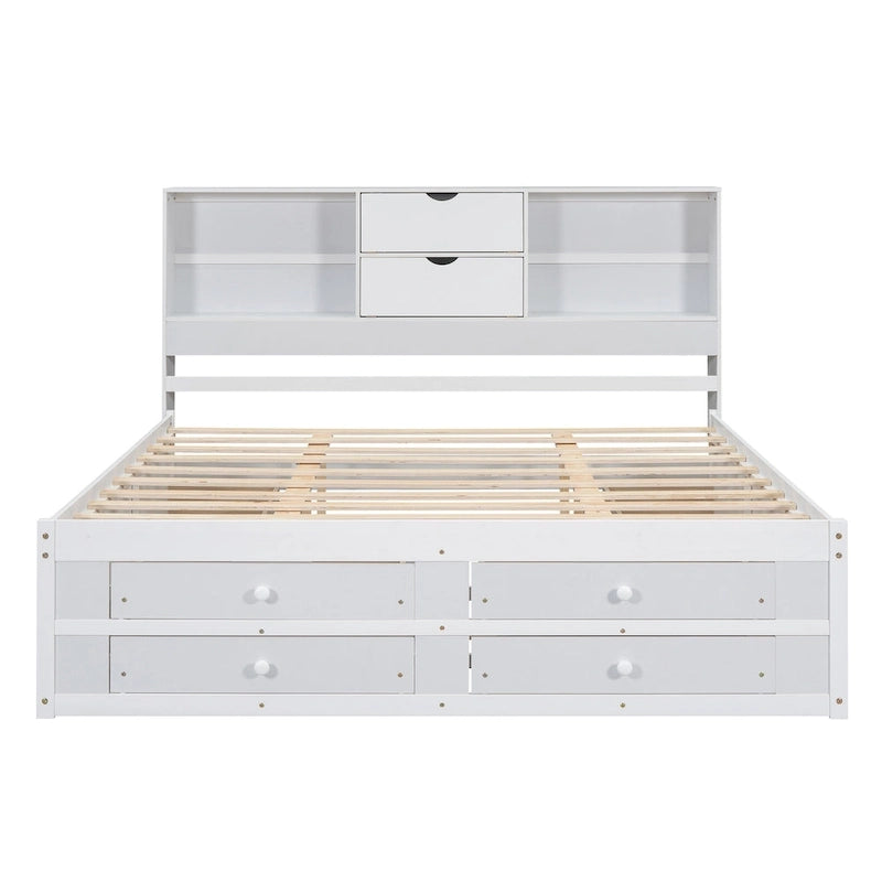 Lit moderne blanc de taille King en bois avec tête de lit de rangement et 8 tiroirs