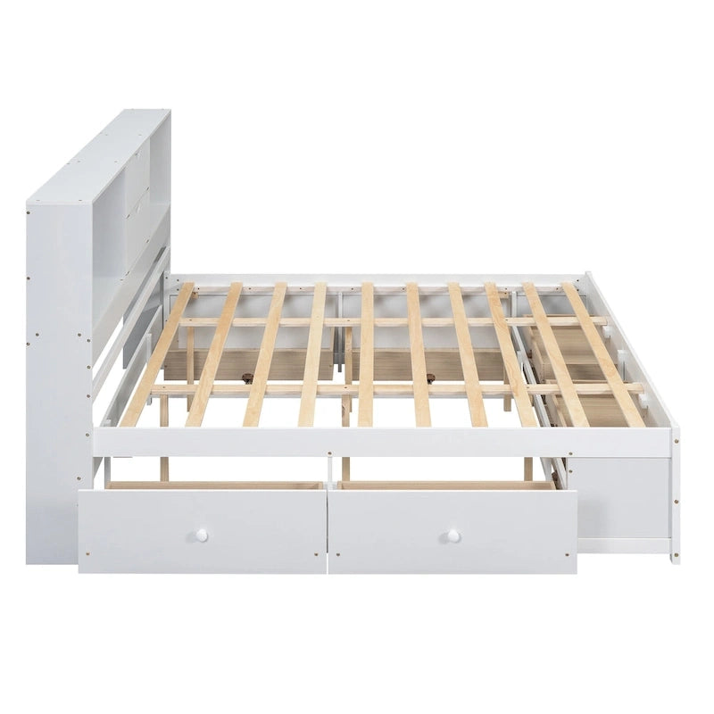 Lit moderne blanc de taille King en bois avec tête de lit de rangement et 8 tiroirs