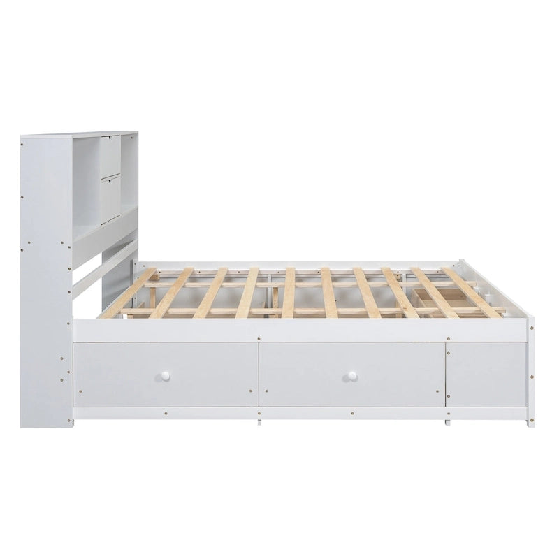 Lit moderne blanc de taille King en bois avec tête de lit de rangement et 8 tiroirs