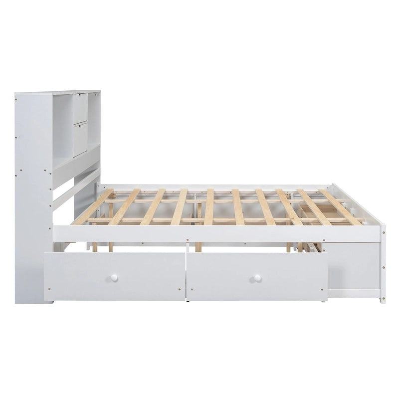 Lit moderne blanc de taille King en bois avec tête de lit de rangement et 8 tiroirs