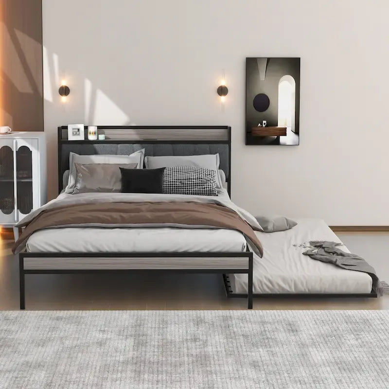 Cadre de lit plateforme Queen Size en métal avec lit gigogne double, tête de lit rembourrée avec prises, ports USB et support à lattes