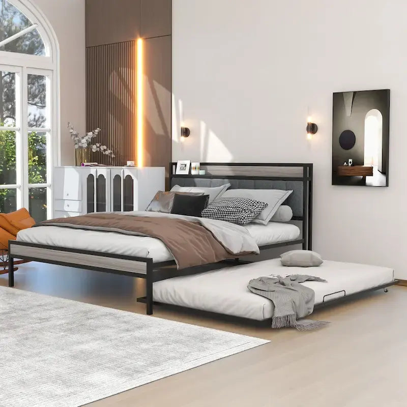 Cadre de lit plateforme Queen Size en métal avec lit gigogne double, tête de lit rembourrée avec prises, ports USB et support à lattes