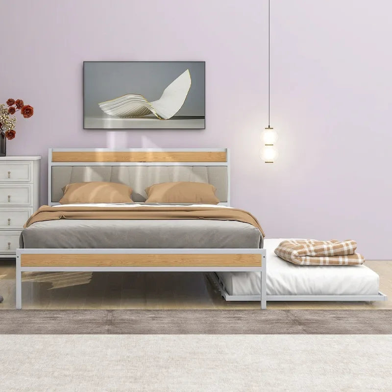 Cadre de lit plateforme Queen Size en métal avec lit gigogne double, tête de lit rembourrée avec prises, ports USB et support à lattes