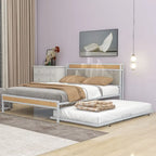 Cadre de lit plateforme Queen Size en métal avec lit gigogne double, tête de lit rembourrée avec prises, ports USB et support à lattes