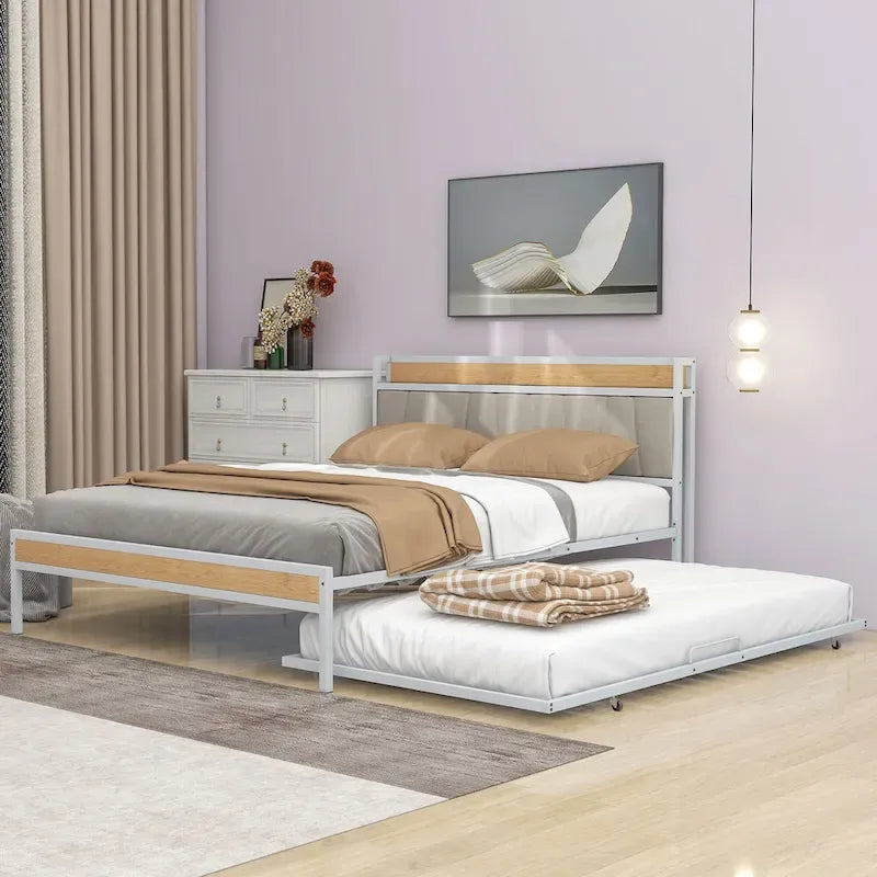 Cadre de lit plateforme Queen Size en métal avec lit gigogne double, tête de lit rembourrée avec prises, ports USB et support à lattes