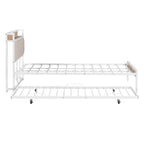 Cadre de lit plateforme Queen Size en métal avec lit gigogne double, tête de lit rembourrée avec prises, ports USB et support à lattes