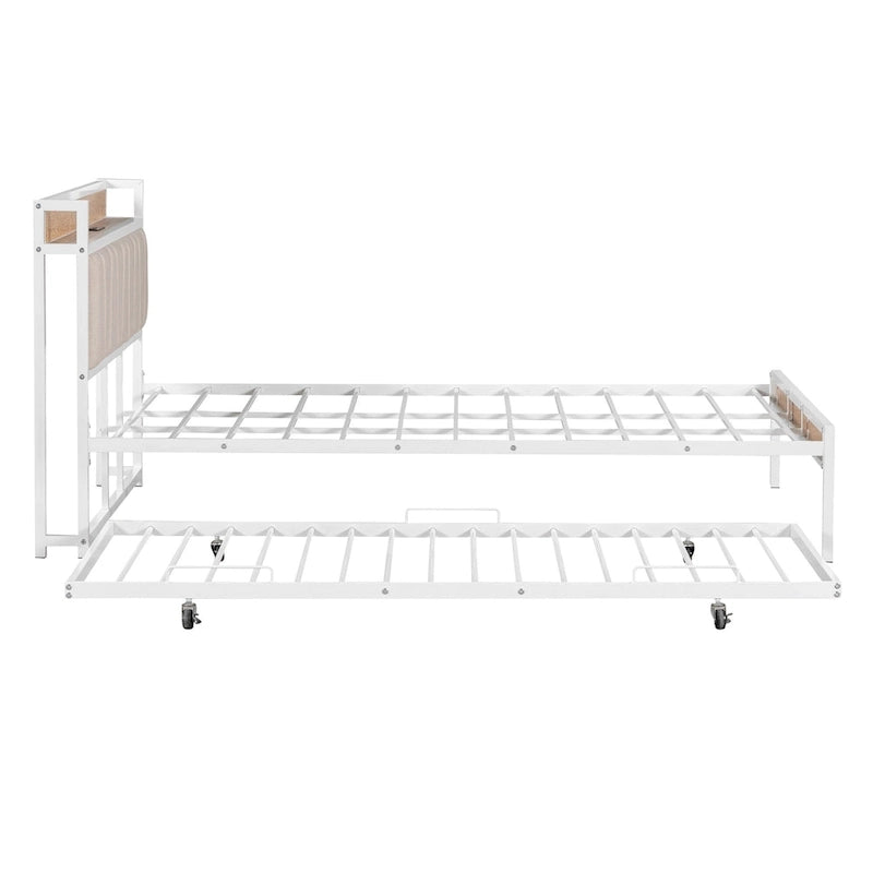Cadre de lit plateforme Queen Size en métal avec lit gigogne double, tête de lit rembourrée avec prises, ports USB et support à lattes