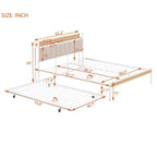 Cadre de lit plateforme Queen Size en métal avec lit gigogne double, tête de lit rembourrée avec prises, ports USB et support à lattes