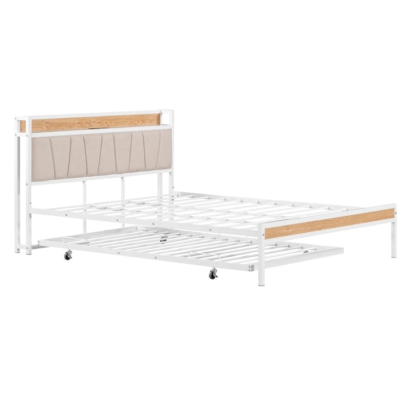Cadre de lit plateforme Queen Size en métal avec lit gigogne double, tête de lit rembourrée avec prises, ports USB et support à lattes