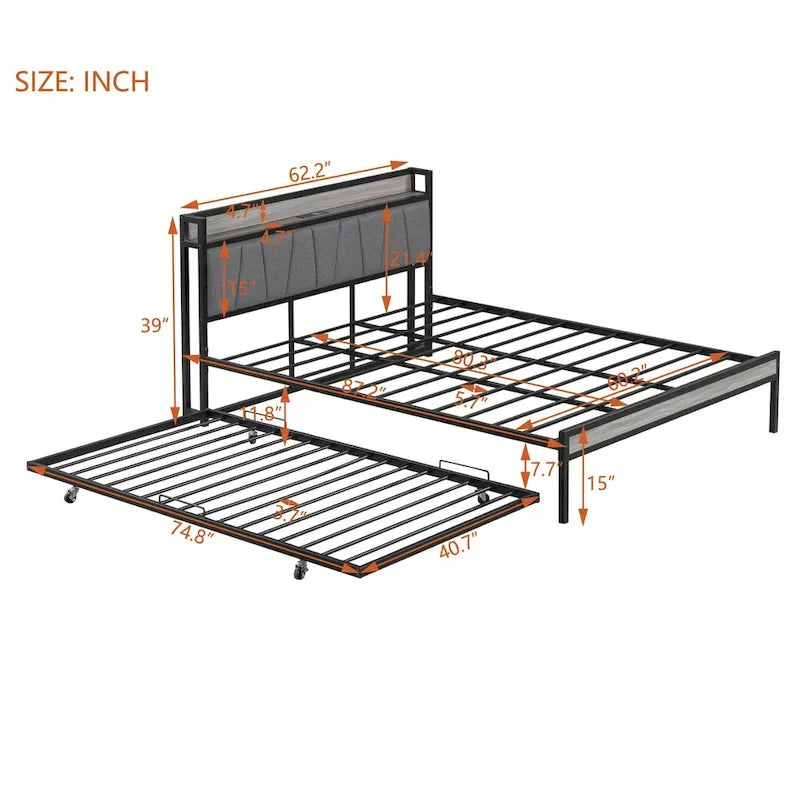 Cadre de lit plateforme Queen Size en métal avec lit gigogne double, tête de lit rembourrée avec prises, ports USB et support à lattes