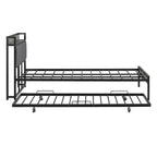 Cadre de lit plateforme Queen Size en métal avec lit gigogne double, tête de lit rembourrée avec prises, ports USB et support à lattes