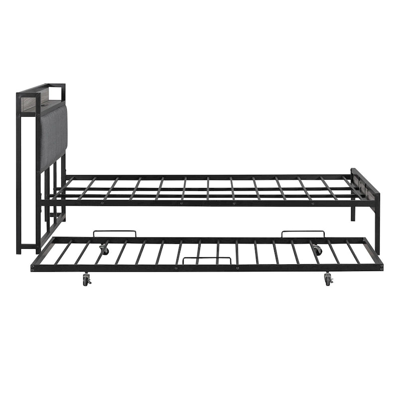 Cadre de lit plateforme Queen Size en métal avec lit gigogne double, tête de lit rembourrée avec prises, ports USB et support à lattes