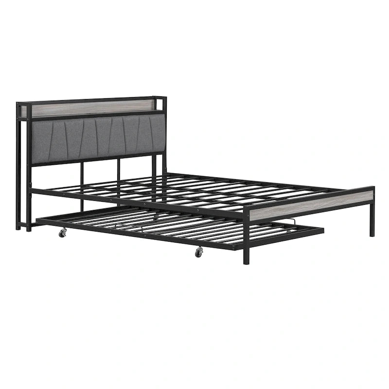 Cadre de lit plateforme Queen Size en métal avec lit gigogne double, tête de lit rembourrée avec prises, ports USB et support à lattes