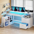Bureau de jeu en L à LED, bureau d'angle pour ordinateur de 65 pouces avec support d'écran et armoire de rangement