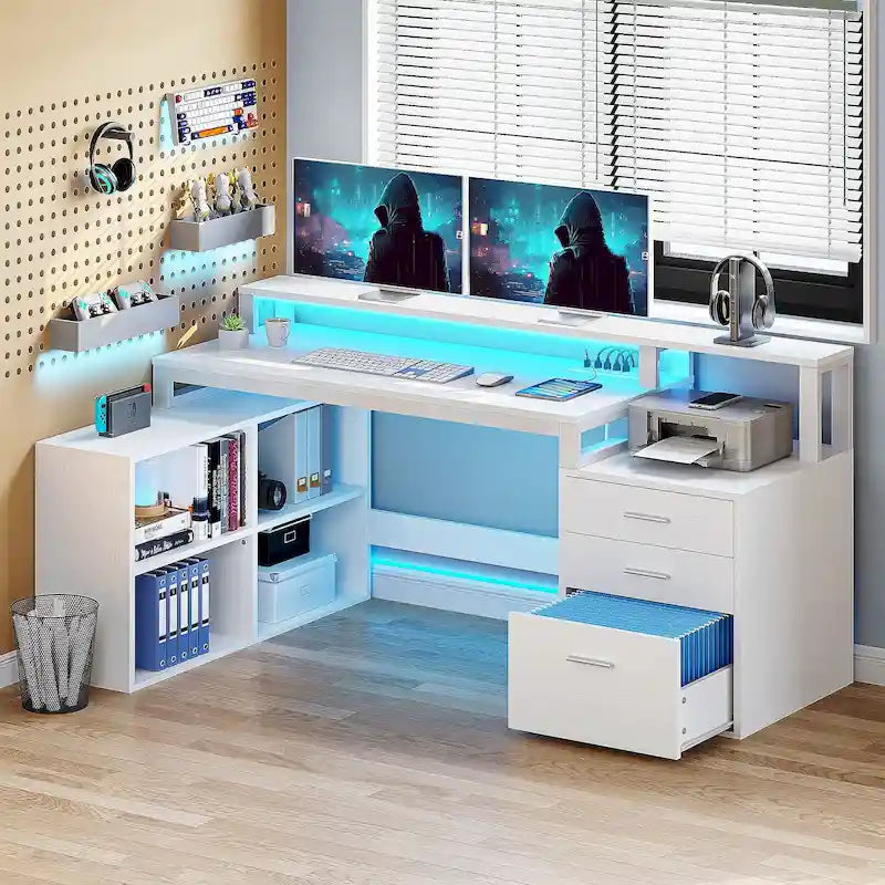 Bureau de jeu en L à LED, bureau d'angle pour ordinateur de 65 pouces avec support d'écran et armoire de rangement