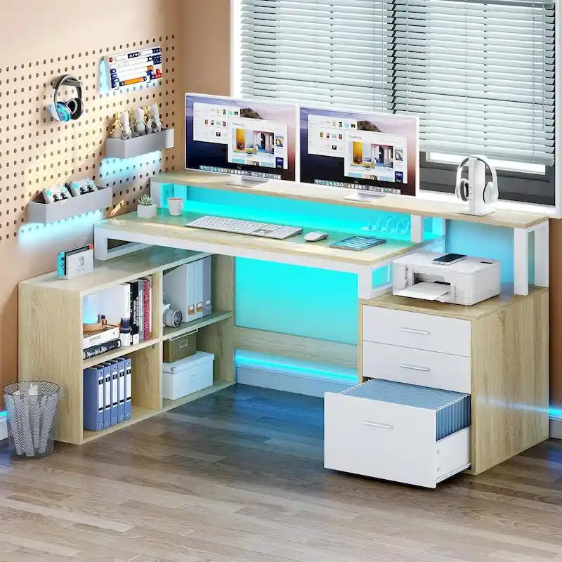 Bureau de jeu en L à LED, bureau d'angle pour ordinateur de 65 pouces avec support d'écran et armoire de rangement