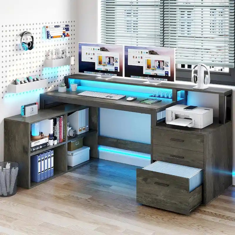 Bureau de jeu en L à LED, bureau d'angle pour ordinateur de 65 pouces avec support d'écran et armoire de rangement