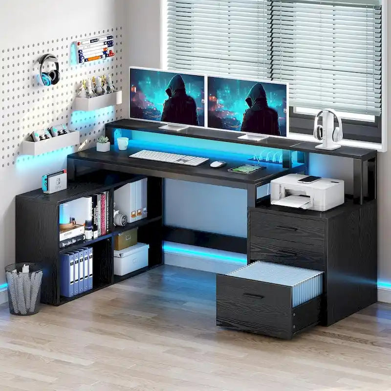 Bureau de jeu en L à LED, bureau d'angle pour ordinateur de 65 pouces avec support d'écran et armoire de rangement