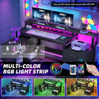 Bureau de jeu en L à LED, bureau d'angle pour ordinateur de 65 pouces avec support d'écran et armoire de rangement