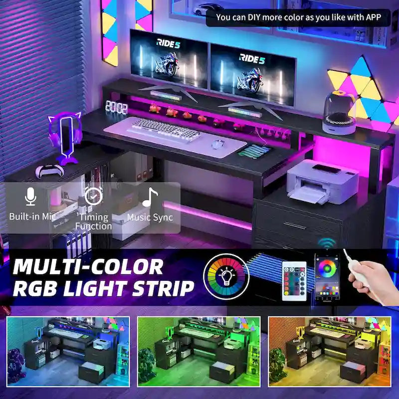 Bureau de jeu en L à LED, bureau d'angle pour ordinateur de 65 pouces avec support d'écran et armoire de rangement