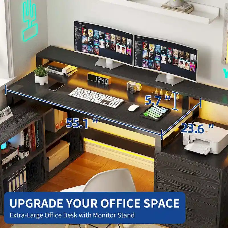 Bureau de jeu en L à LED, bureau d'angle pour ordinateur de 65 pouces avec support d'écran et armoire de rangement