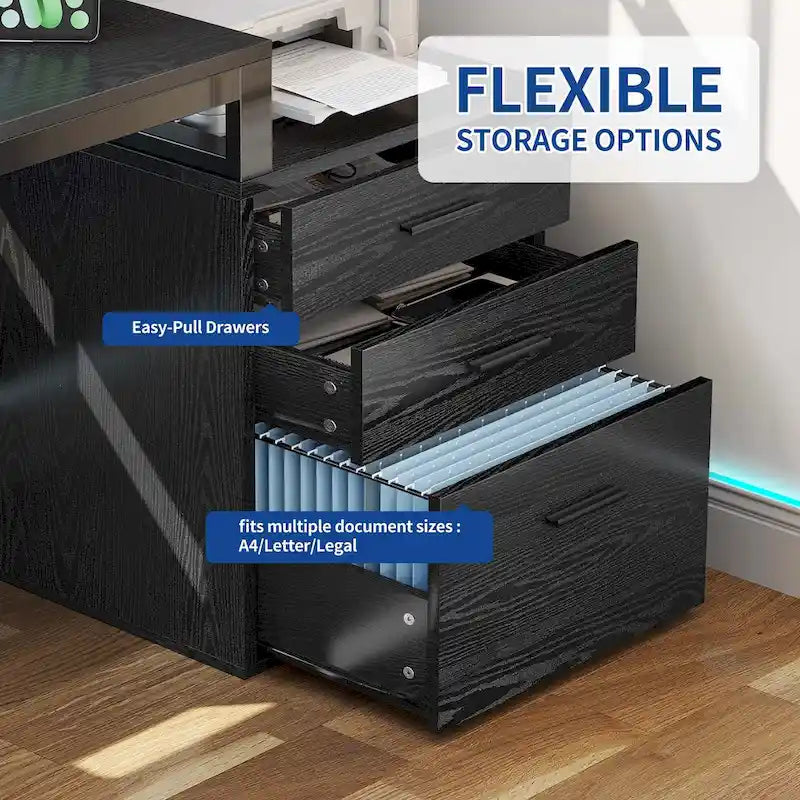 Bureau de jeu en L à LED, bureau d'angle pour ordinateur de 65 pouces avec support d'écran et armoire de rangement